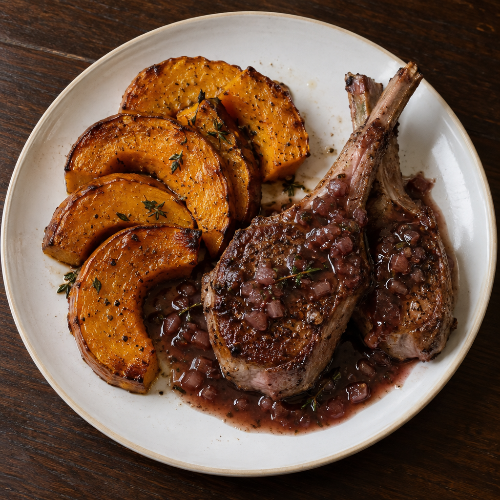 Seared chops with roasted squash and a rich pan sauce.