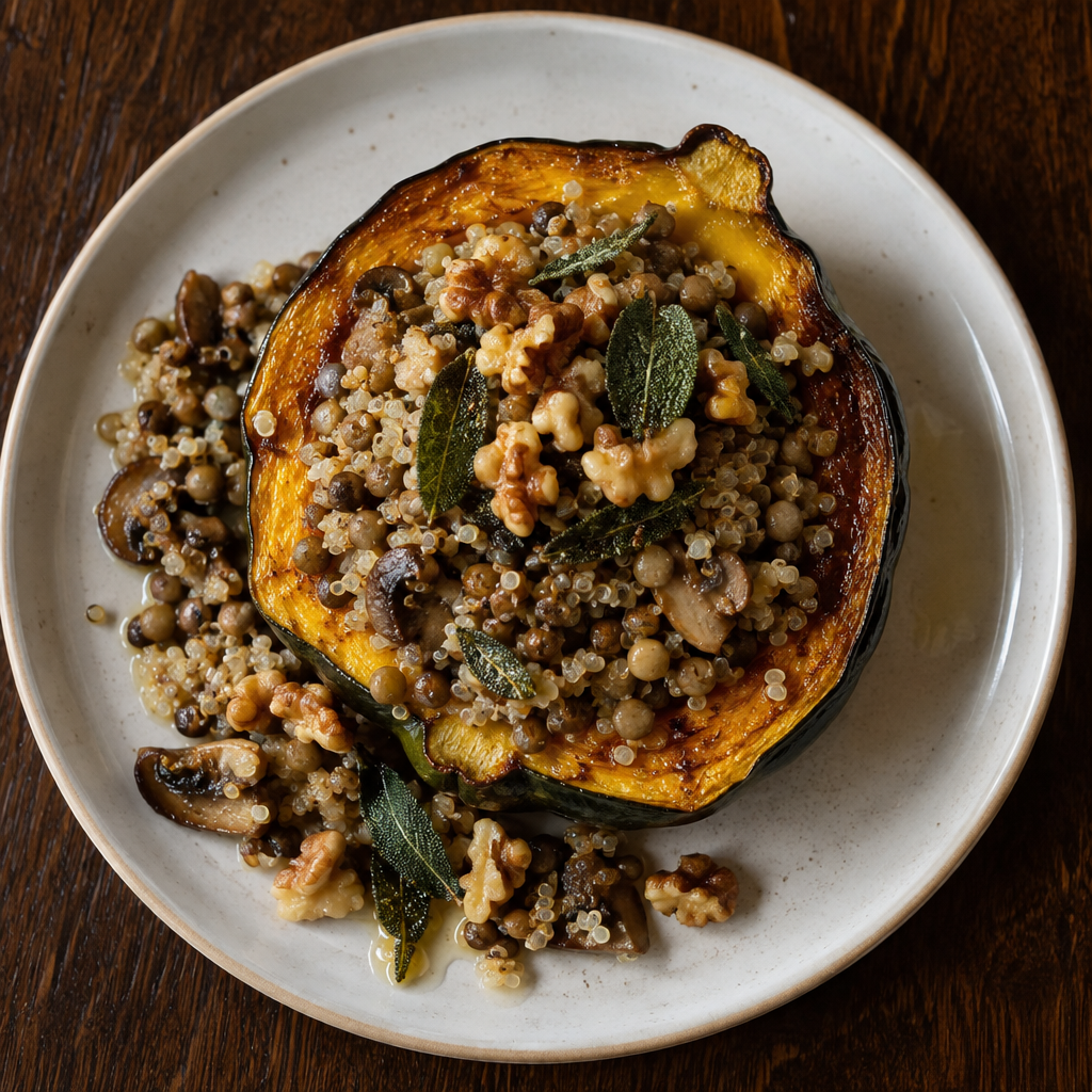 Quinoa-Stuffed Acorn Squash with Sage-Walnut Butter